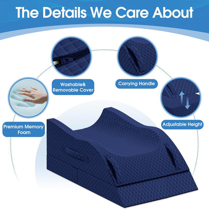 TranquilRelax Leg Elevation Pillows for After Surgery, Wedge Pillow, Grey | Memory Foam, All-around Knee & Ankle Support for Swelling, Height-adjustable, Nop-Slip Bottom, Washable Cover, Single-leg