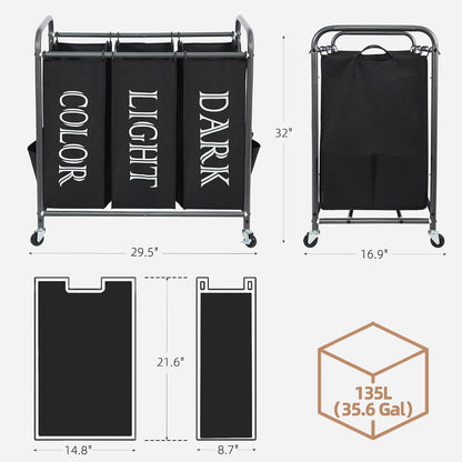 STORAGE MANIAC 3 Section Laundry Sorter, 35.6 Gal (135 L) Laundry Hamper Cart with Heavy Duty Rolling Lockable Wheels and Removable Bags, Clothes Organizer Basket Separator Hamper, Gray