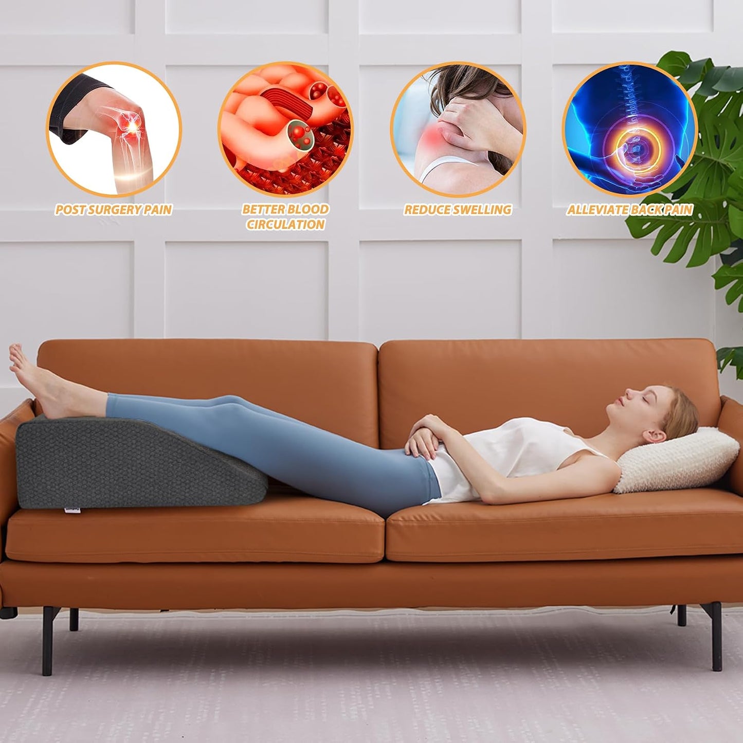Bedluxe Leg Pillow Elevation Blood Circulation, Wedge Pillow for Legs Swelling, Leg Elevating Wedge Pillow for After Surgery, Foot Knee Pillow for Leg Rest, Sleeping, Memory Foam Top, 8in, White/Grey