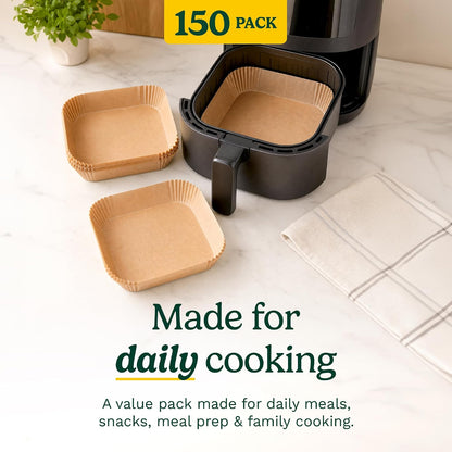Cuisinart Air Fryer Liners Disposable, 150 Pack, 7.75" Square | Food-grade unbleached silicone-coated parchment for air fryer basket, non-stick to 428F, traps grease, oven & microwave safe
