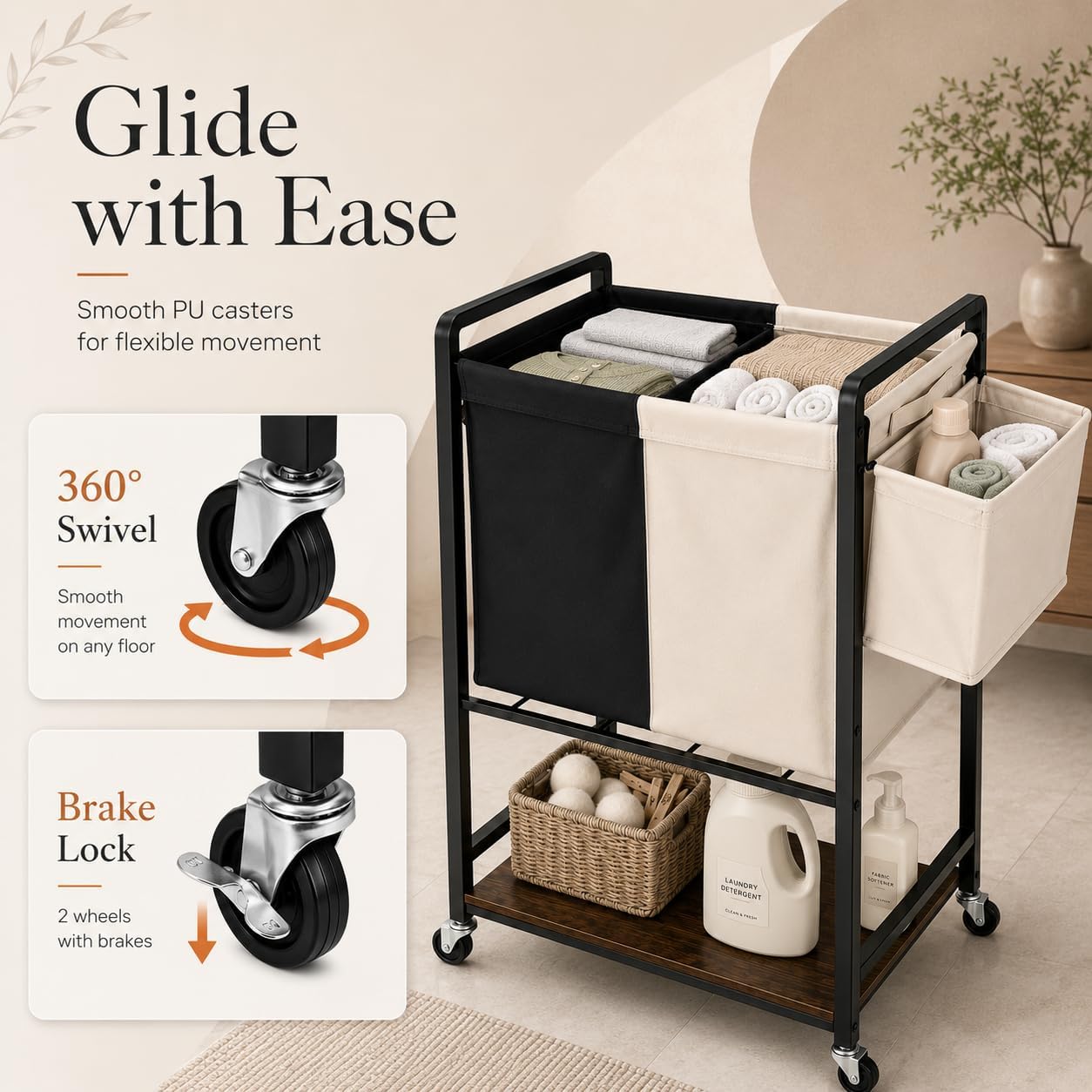 Rolling Laundry Sorter Cart with 2 Removable Bags, Double Laundry Hamper with Wheels, Side Storage Basket and Bottom Shelf, Black and Beige