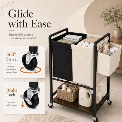 Rolling Laundry Sorter Cart with 2 Removable Bags, Double Laundry Hamper with Wheels, Side Storage Basket and Bottom Shelf, Black and Beige
