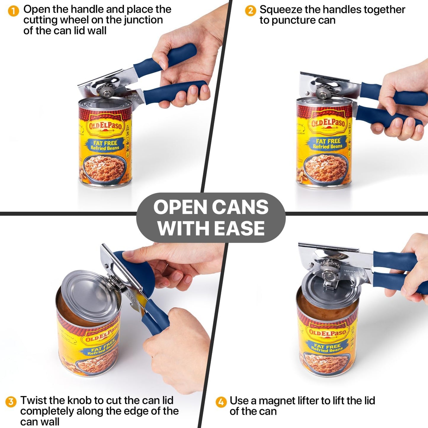 UHIYEE Heavy Duty Hand Can Opener with Comfortable Grip for Seniors, Black | Manual Can Opener, Hardened Steel Blade, Rubber-Coated Handle, Oversize Knob, Built-in Magnet & Bottle Opener