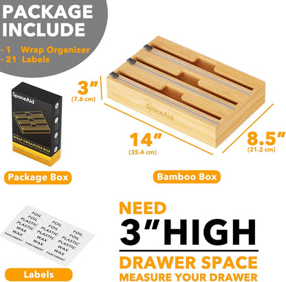 SpaceAid WrapNeat 2 in 1 Wrap Organizer with Cutter and Labels, Plastic Wrap, Aluminum Foil and Wax Bamboo Dispenser for Kitchen Storage Organization Holder for 12" Roll (Natural, 2-Slot)