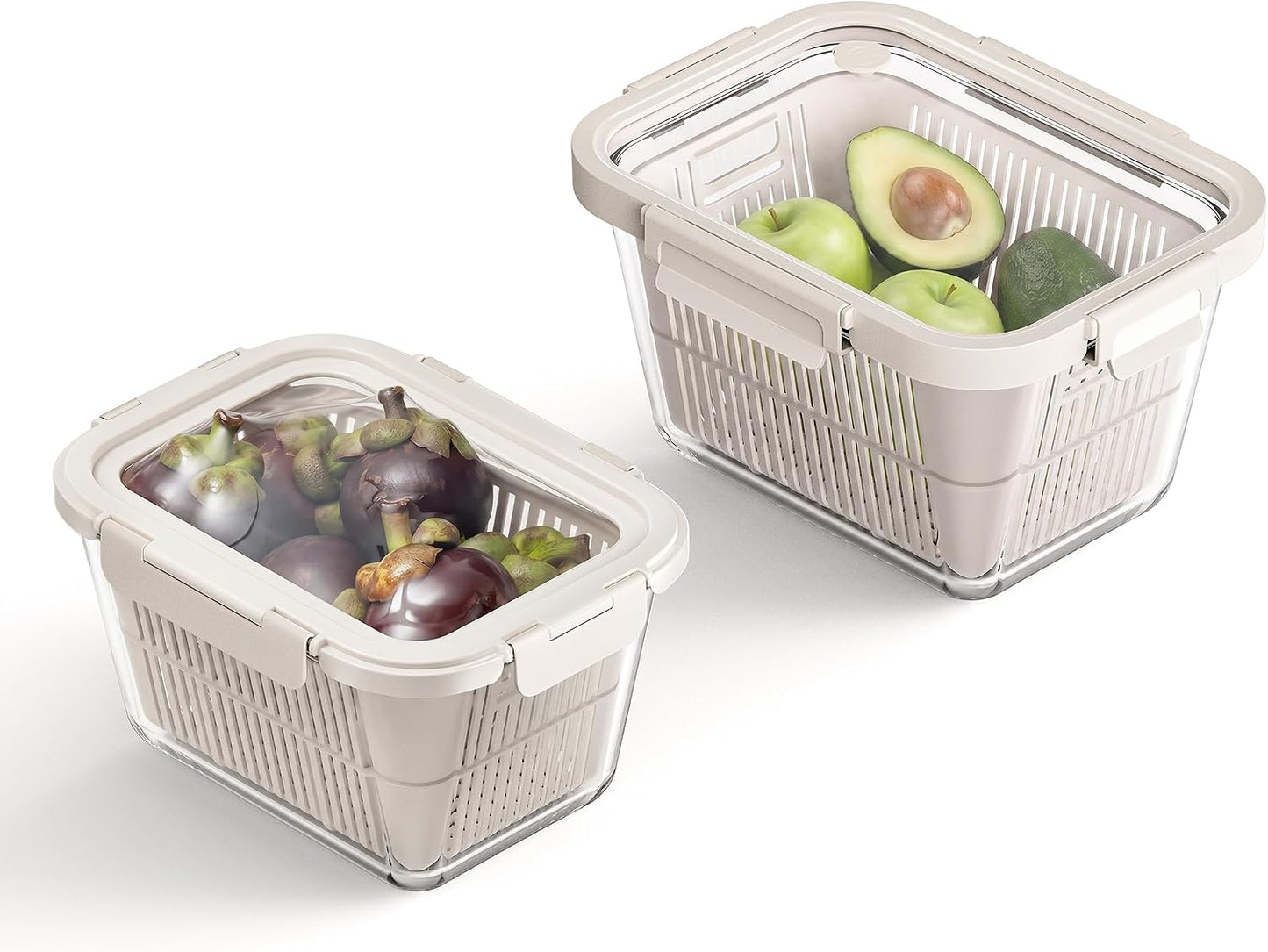 Glass Produce Storage Containers for Fridge, 2-Pack – Airtight Fruit & Vegetable Containers with Removable Colanders, Flexible Silicone Lids,LeakProof, BPA-Free Borosilicate Glass