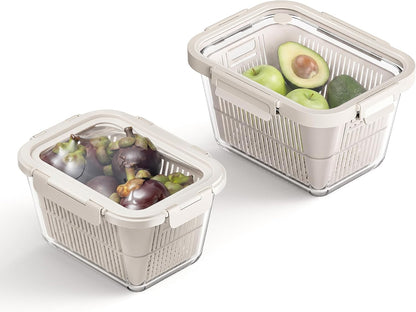 Glass Produce Storage Containers for Fridge, 2-Pack – Airtight Fruit & Vegetable Containers with Removable Colanders, Flexible Silicone Lids,LeakProof, BPA-Free Borosilicate Glass