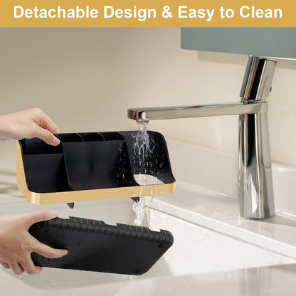 GFWARE Black Toothbrush Holder - 7 Slots Bathroom Organizer Countertop with Drainage Matte Black Electric Toothbrush and Toothpaste Holder for Bathroom Accessories Sink Storage