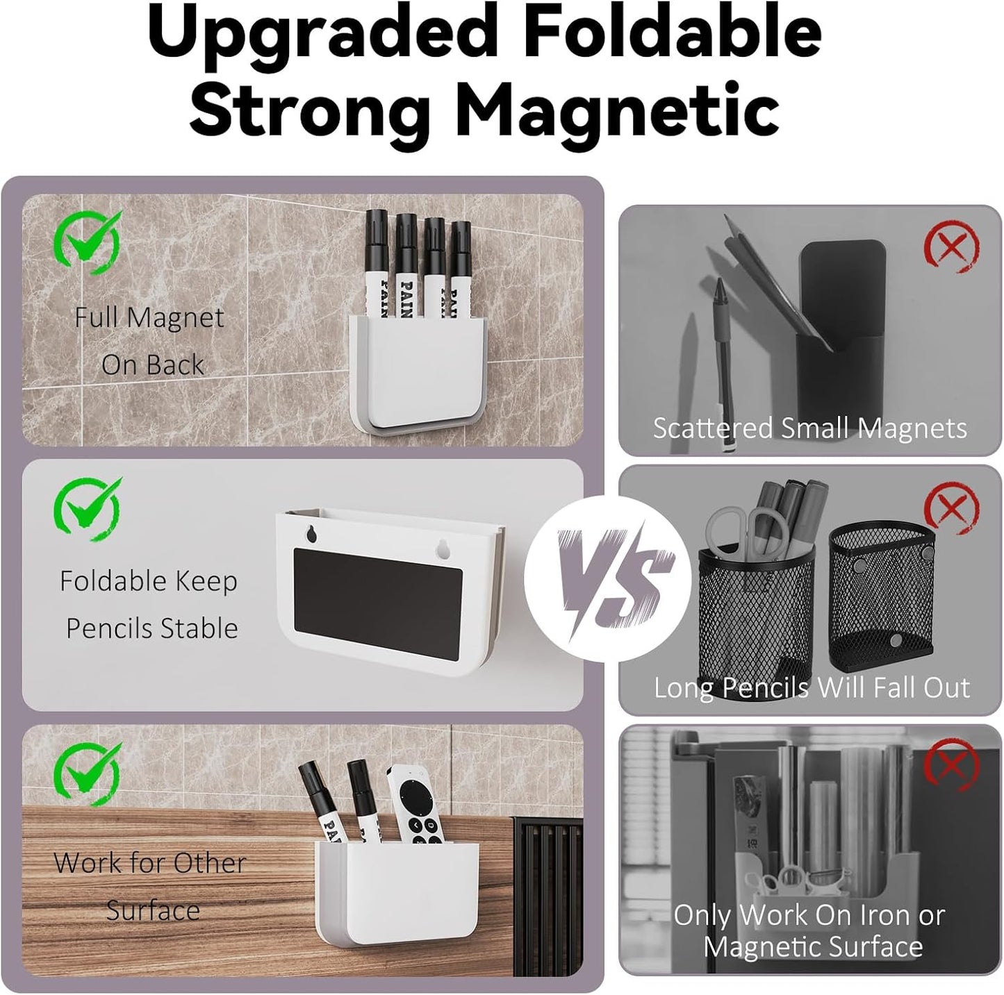 Magnetic Foldable Pen Holder Desk Accessories for Home Office 1 Pack White | Strong Magnet, Space Saving, Dry Erase Marker Pencil Holder for Whiteboard, Locker,Refrigerator, Remote Holder