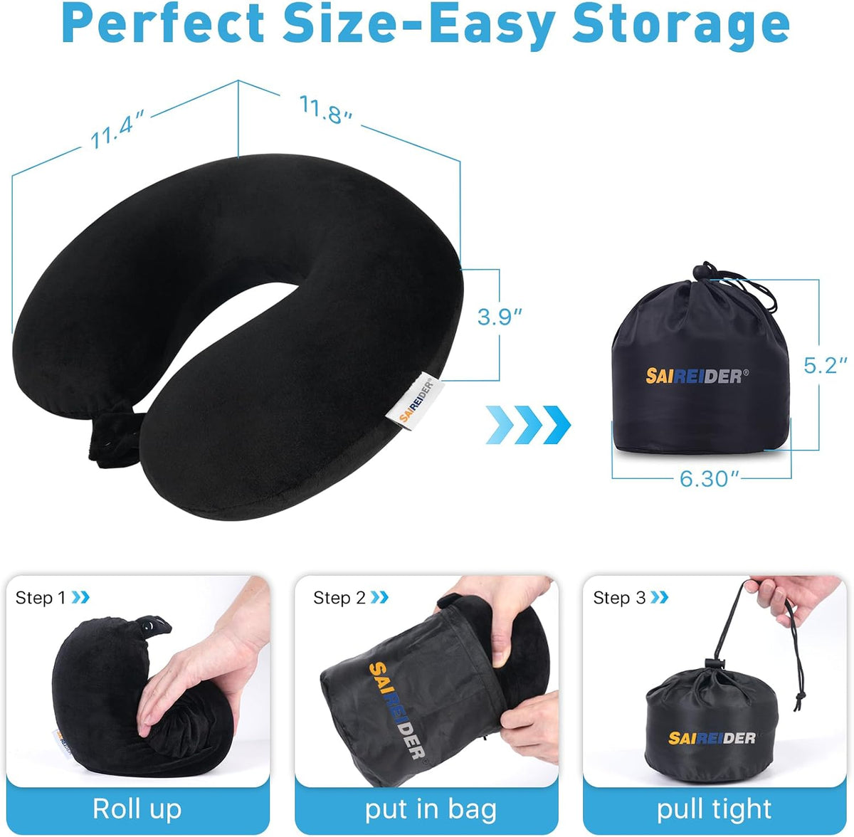 SAIREIDER Travel Pillow 100% Pure Memory Foam Travel Neck Pillow, Airplane Pillow for Traveling、Car、Home、Office，Washable Cover（Black）