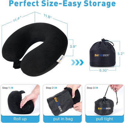 SAIREIDER Travel Pillow 100% Pure Memory Foam Travel Neck Pillow, Airplane Pillow for Traveling、Car、Home、Office，Washable Cover（Black）