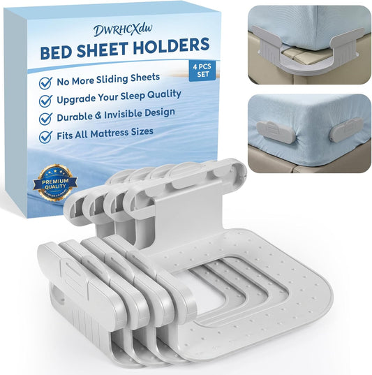 Bed Sheet Holders for Corners Heavy Duty Fitted Sheet Holder with Locking Fasteners, Sheet Straps to Keep Sheets Tight Anti-Slip Mattress Sheet Clips for Twin Full Queen & King Size Beds (White)