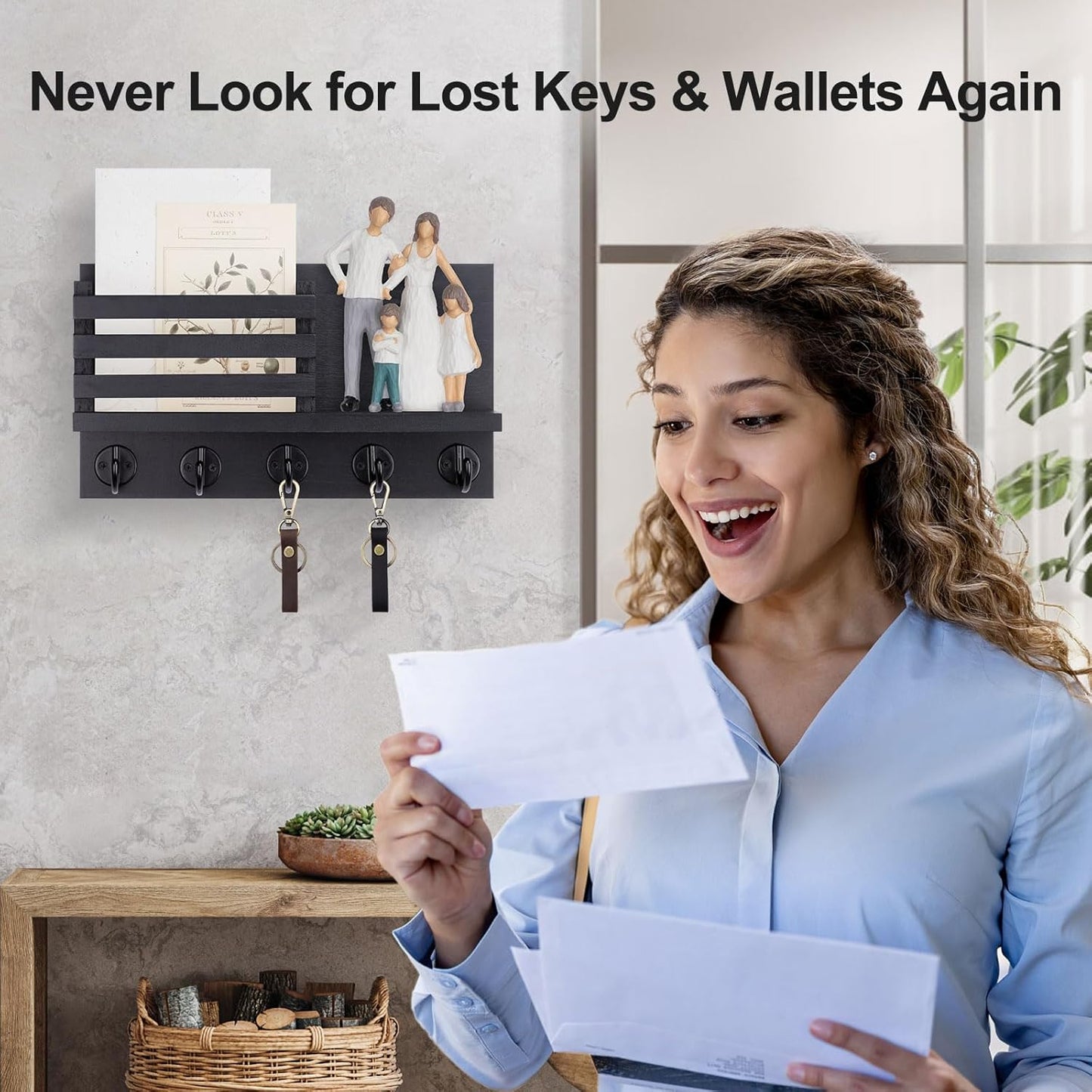 Lwenki Key Holder for Wall – Decorative Wooden Mail Holder and Key Shelf with Mounting Hardware, Installation Guide – Paulownia Wood with Metal Key Hooks (Black, Large - 11.8inch)