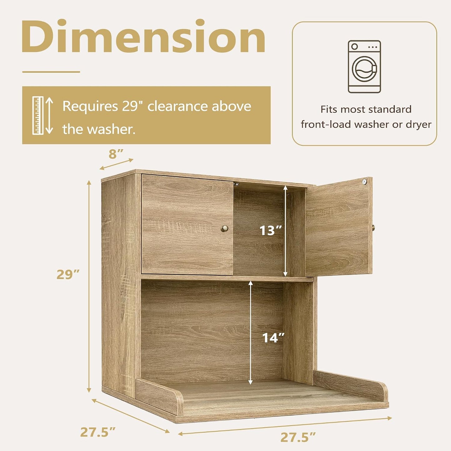 Laundry Storage & Organization (Oak) | Washer and Dryer Topper with Edge, Over Washer and Dryer Shelves for Laundry Room, Universal Fit, 27.5"Wx27.5"Dx29"H