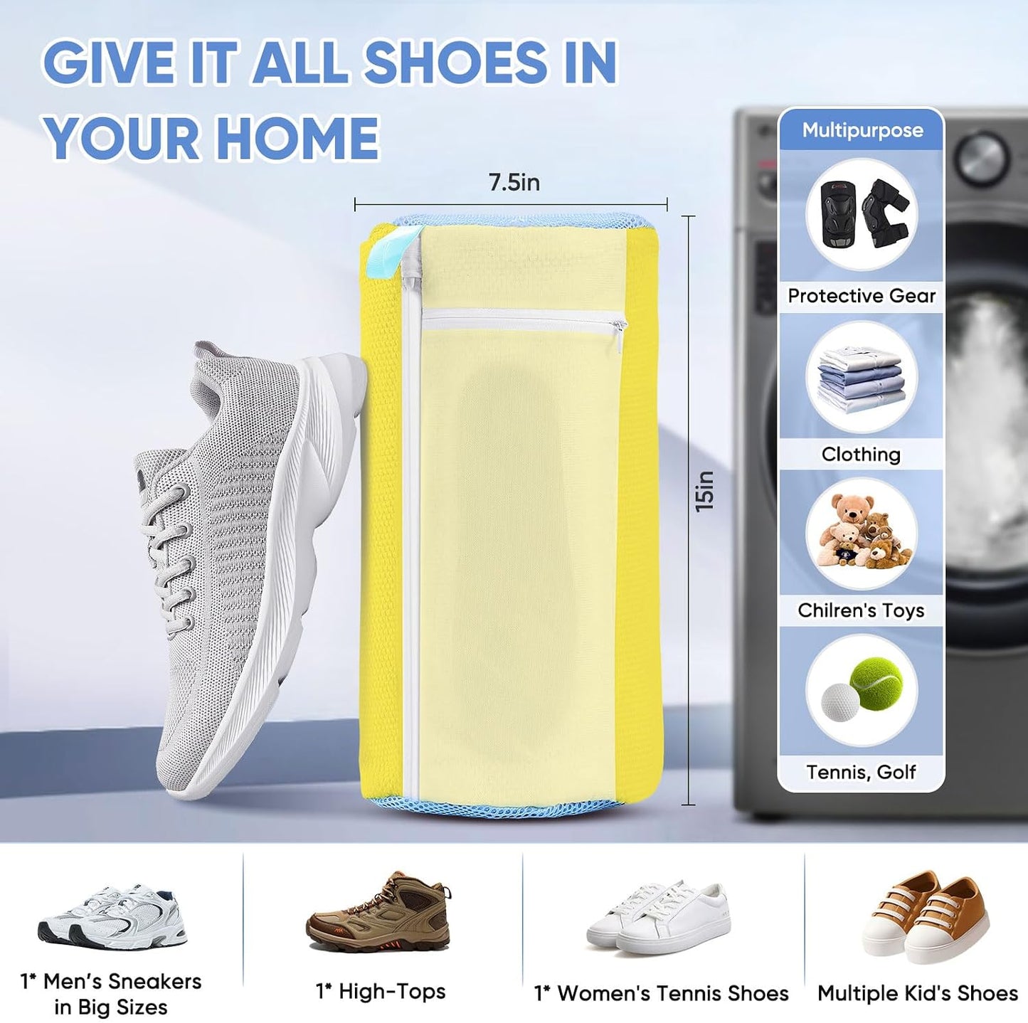 2 Pack XXL Shoe Washing Machine Bag, 700 GSM Heavy Duty Shoes Cleaning Bag with Anti-Tangle Mesh Pocket, 2 Adjustable Shoe Trees Keep Shape, Reusable Sneaker Laundry Bag for Frequent Wash, White