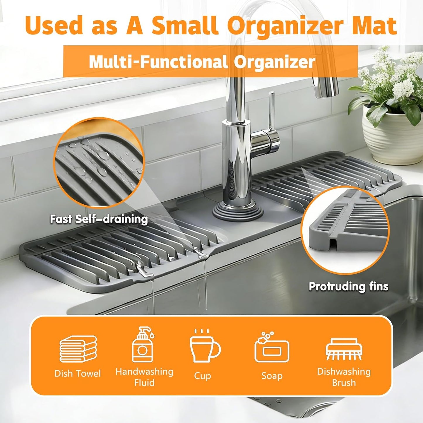 Silicone Faucet Mat for Kitchen Sink, 24" Splash Guard 7° Slope Fast Drain | Adjustable hole cutout for easy install, fits kitchen & bathroom sinks; food-grade silicone, easy to clean, keeps counter dry
