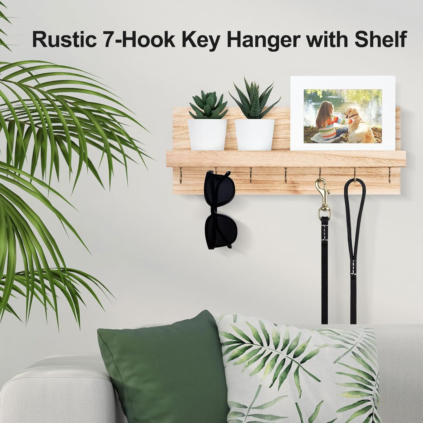 Lwenki Decorative Key Holder for Wall with Shelf, Entryway Shelf with Hooks Holds Leashes, Jackets and Glasses – Sturdy Wood Keyholder Entrance Hanger with Mounting Hardware (Black, Medium)