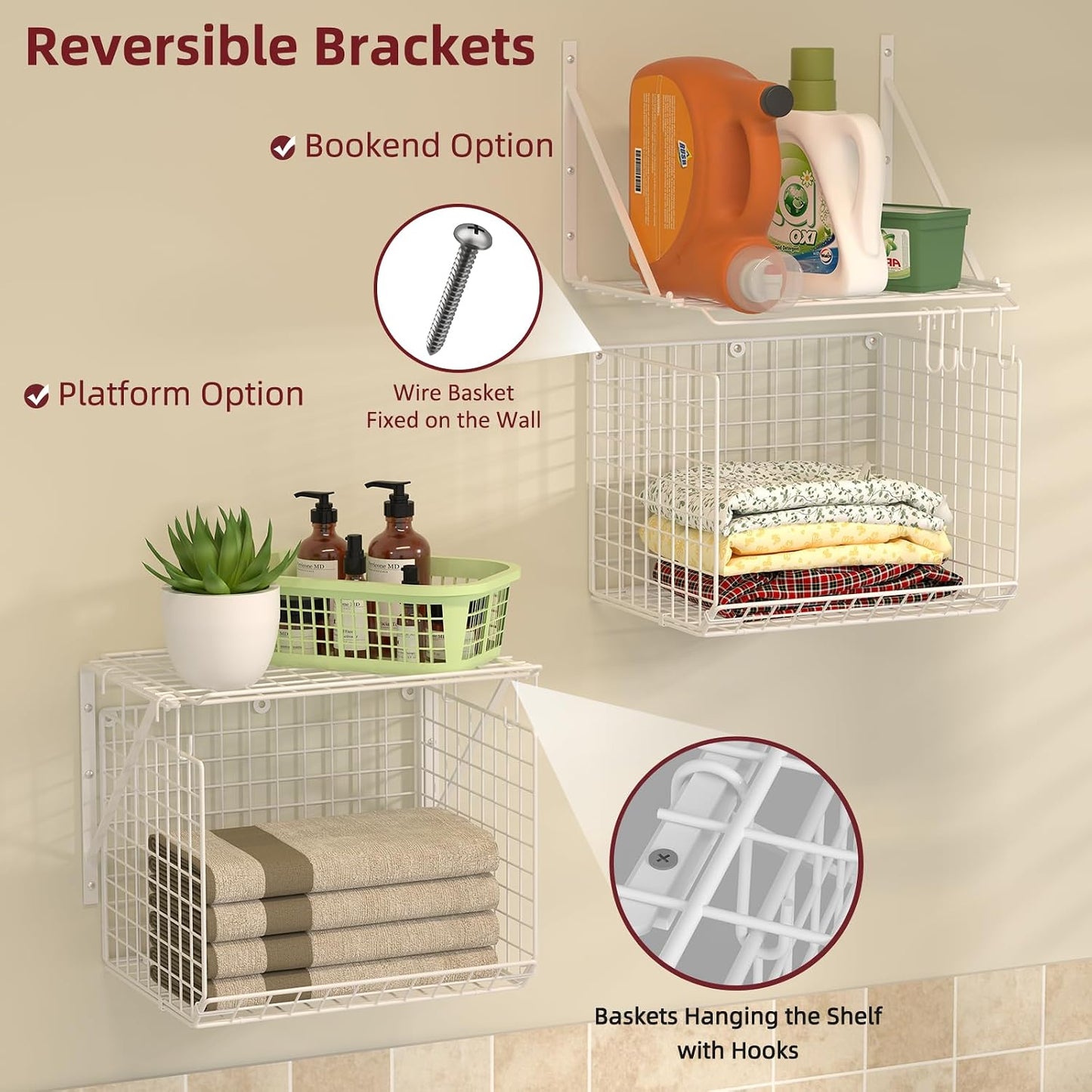 3IngSeagulls 2 Pack Laundry Room Shelves, Wire Baskets with 8 Hooks, Over Washer and Dryer Shelf, Wall Mounted Storage and Clothes Drying Rack, Black
