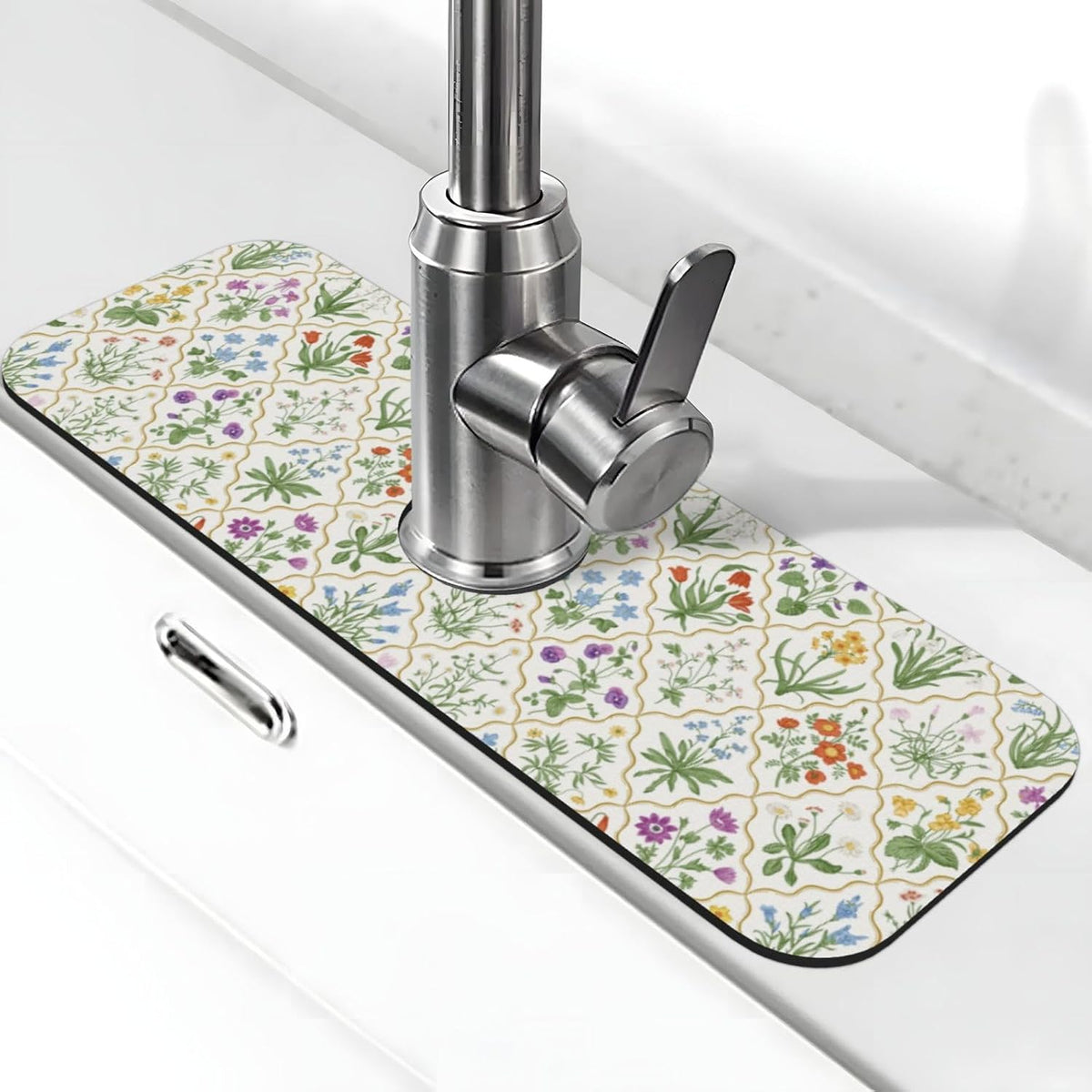 Aquamarine Blue Mexican Tiles Faucet Splash Guard Mat for Kitchen Sink 15x5.5" - Colors B