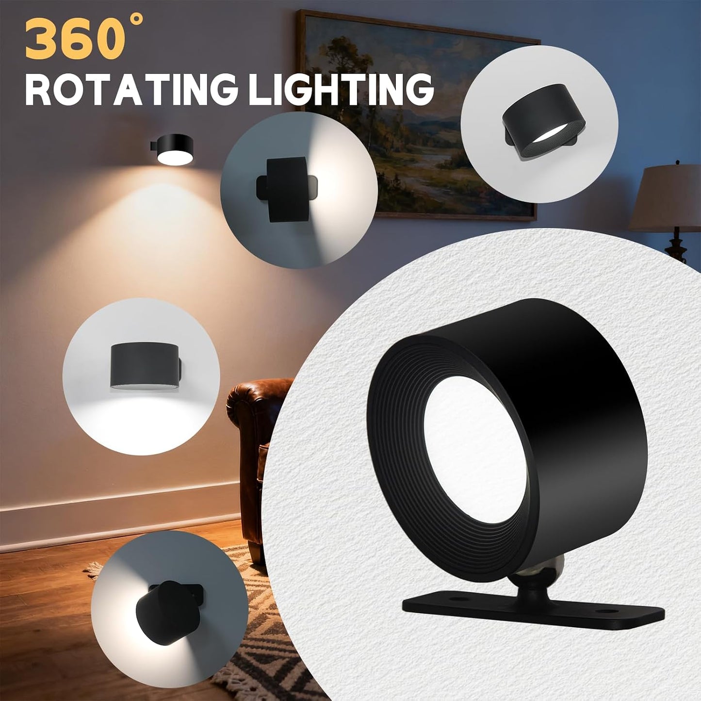 Rechargeable Wall Sconce with Remote & Touch, 360° Rotatable Battery Operated Wall Lights, 3-Color Dimmable, No Drill Adhesive, Ultra Long Battery for Bedroom Reading（White-4PC）