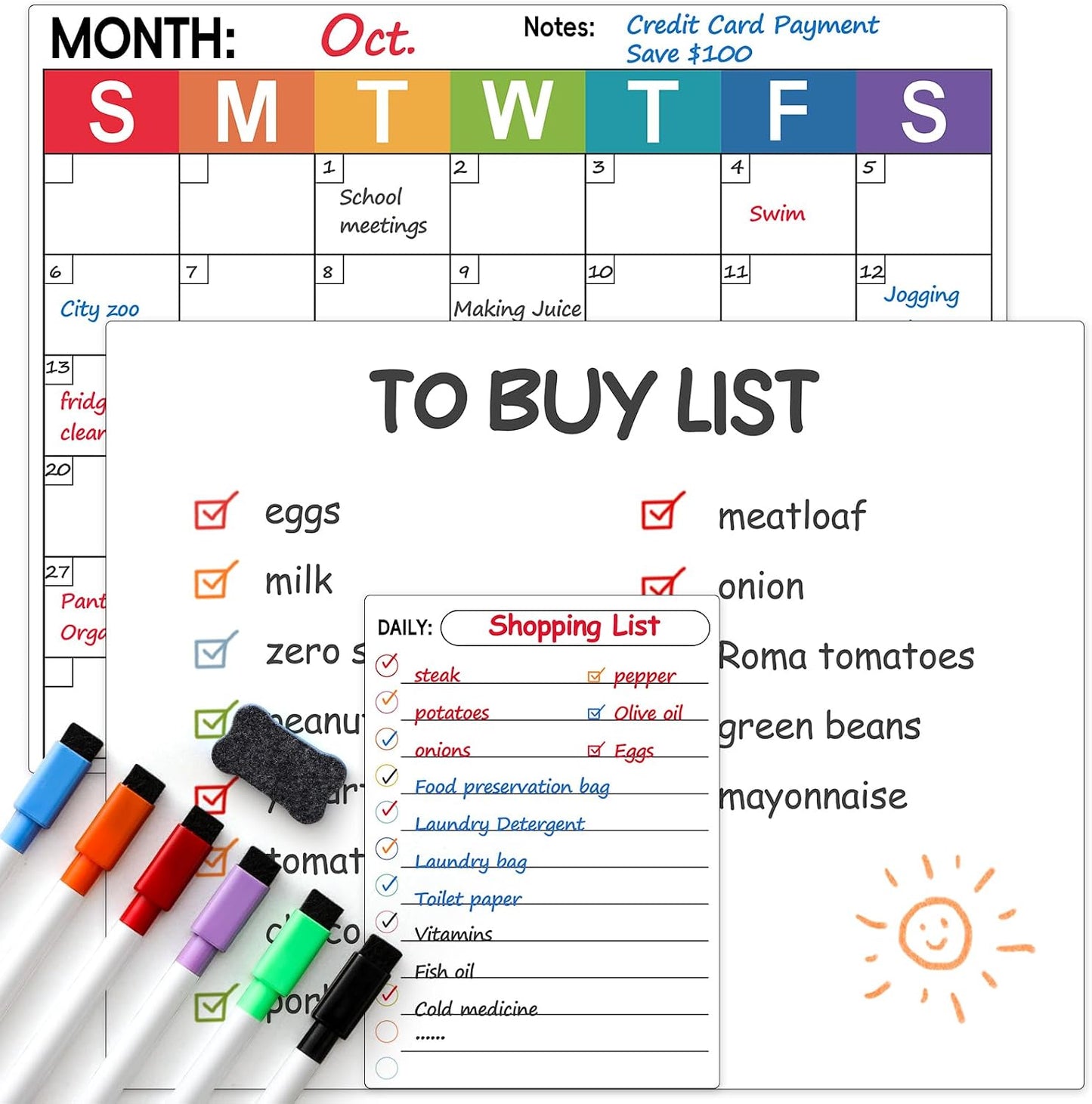 3 Pack Dry Erase Magnetic Calendar for Refrigerator - Monthly & Weekly & Daily Planner Magnet Whiteboard for Fridge Wall - Shopping, Meal/Menu, To Do List, Family Schedule Planning Board (10HB-RIZH3)