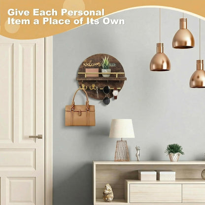 Key Holder for Wall, Key and Mail Holder Organizer with - Key Holder Wall Mount - Round Wooden Rustic Home Decor for Entryway, Mudroom, Hallway, Kitchen Office (Black)