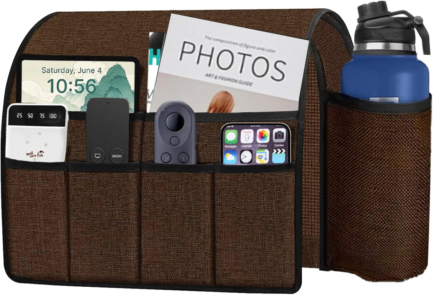 Ntomtuex Sofa Armchair Caddy Remote Control Holder with Water Bottle for Couch Recliner, Armrest Organizer with 7-Pocket Design for Magazines, Eyeglasses, iPad, Phone, Dark Grey