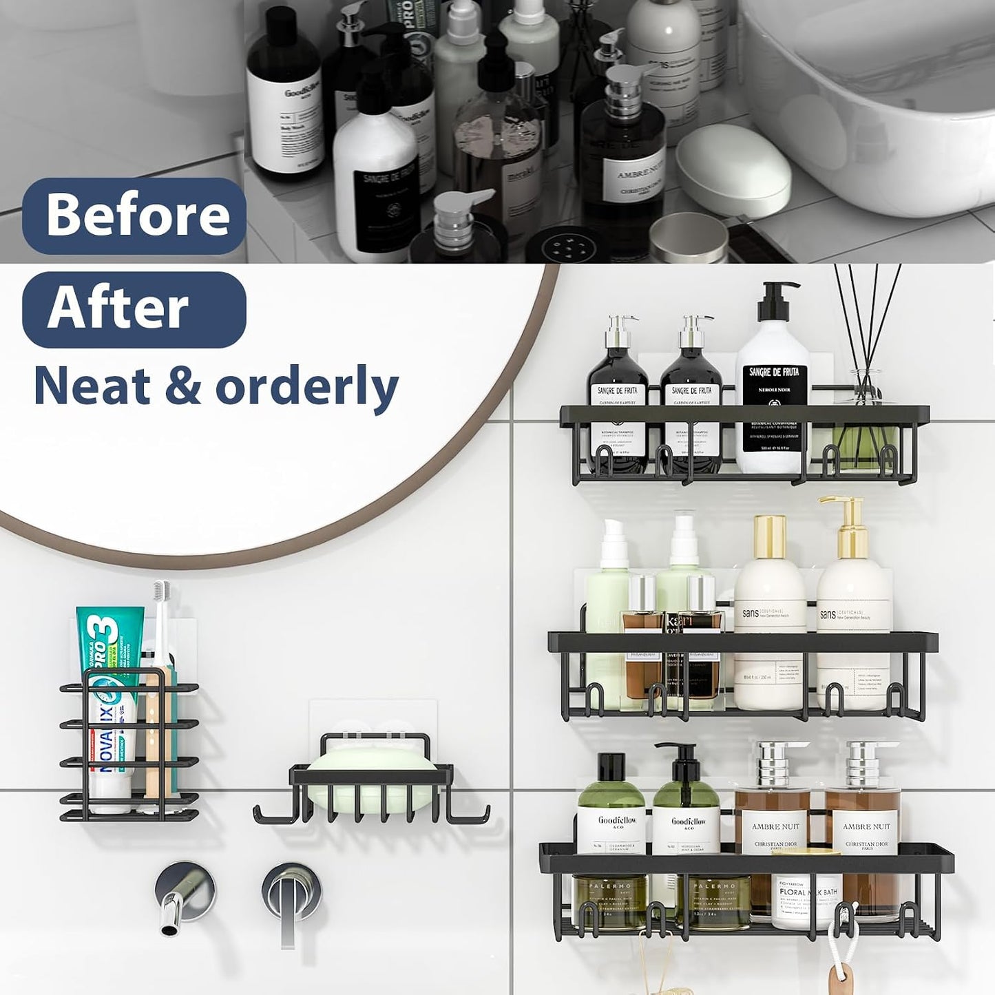 Liuoud 5 Pack Shower Caddy for Inside Shower, Gold Bathroom Storage Decor | Large Rustproof Stainless Steel Organizer with Strong Adhesive, No Drilling Wall Mounted Shelves, Bathroom Accessory Set
