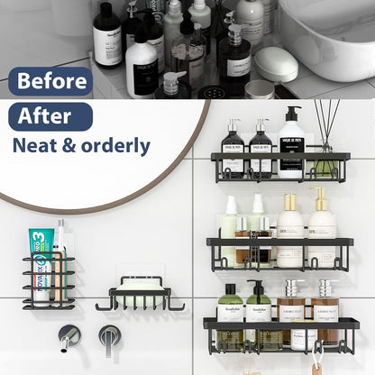 Liuoud 5 Pack Shower Caddy for Inside Shower, Gold Bathroom Storage Decor | Large Rustproof Stainless Steel Organizer with Strong Adhesive, No Drilling Wall Mounted Shelves, Bathroom Accessory Set