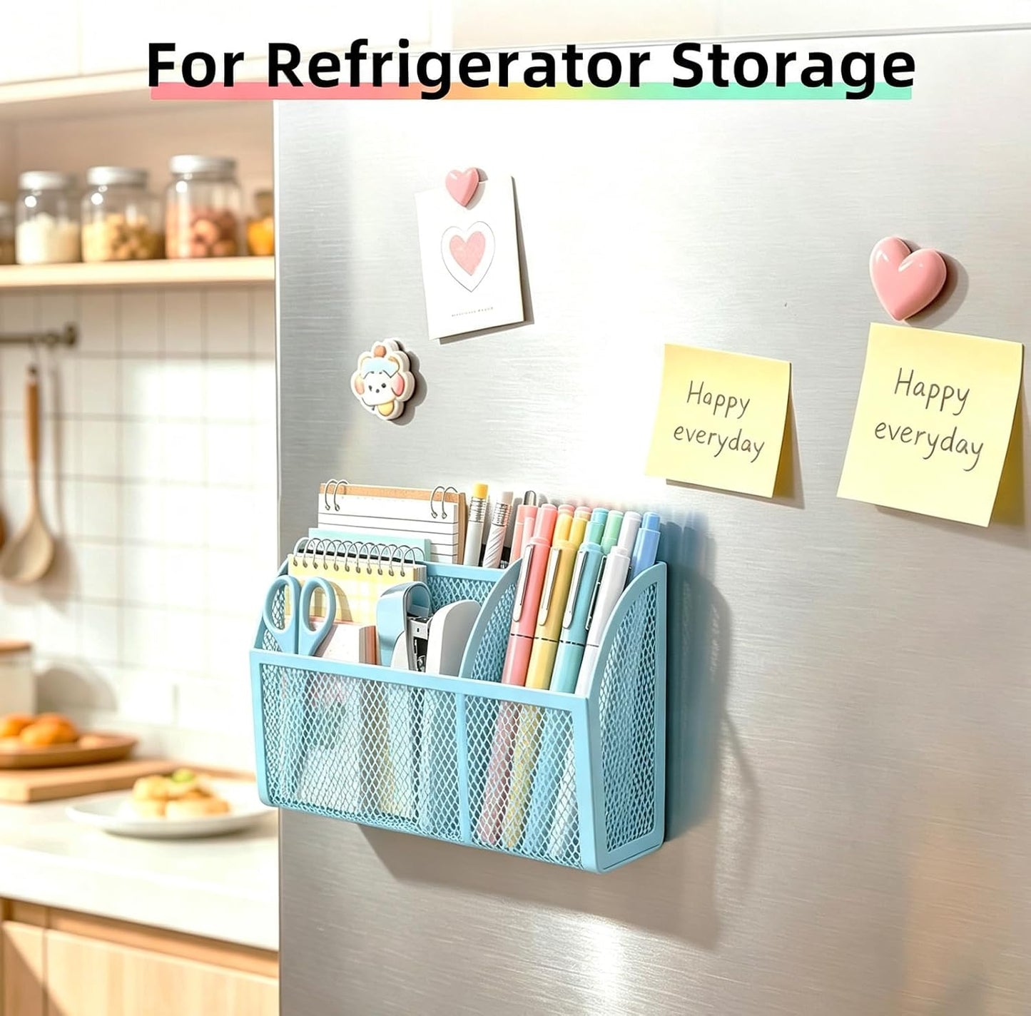 Magnetic Pencil Holder, Magnetic Organizer for Locker Accessories, Black | Mesh Marker Holder with Strong Magnets and 3 Compartments for Whiteboards Refrigerators and Magnetic Lockers