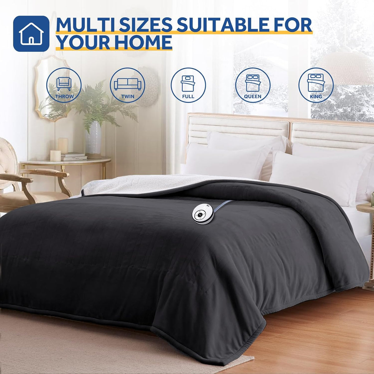 Sealy Electric Blanket Throw 50×60, Flannel to Sherpa, Charcoal
