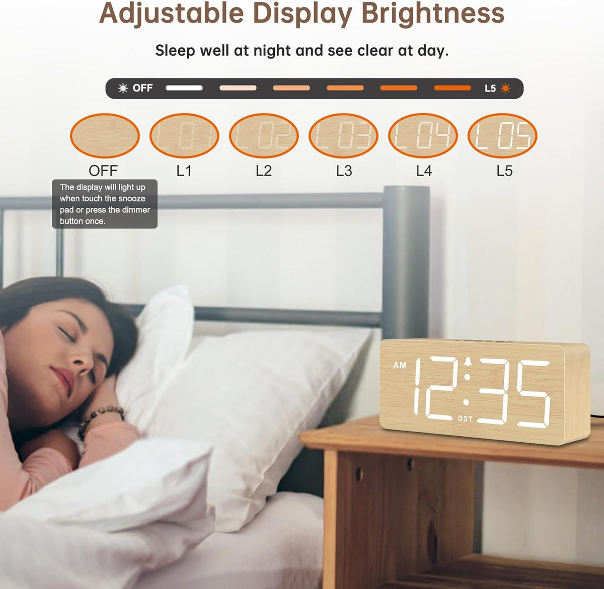 DreamSky Wooden Digital Alarm Clock for Bedroom with Large Numbers