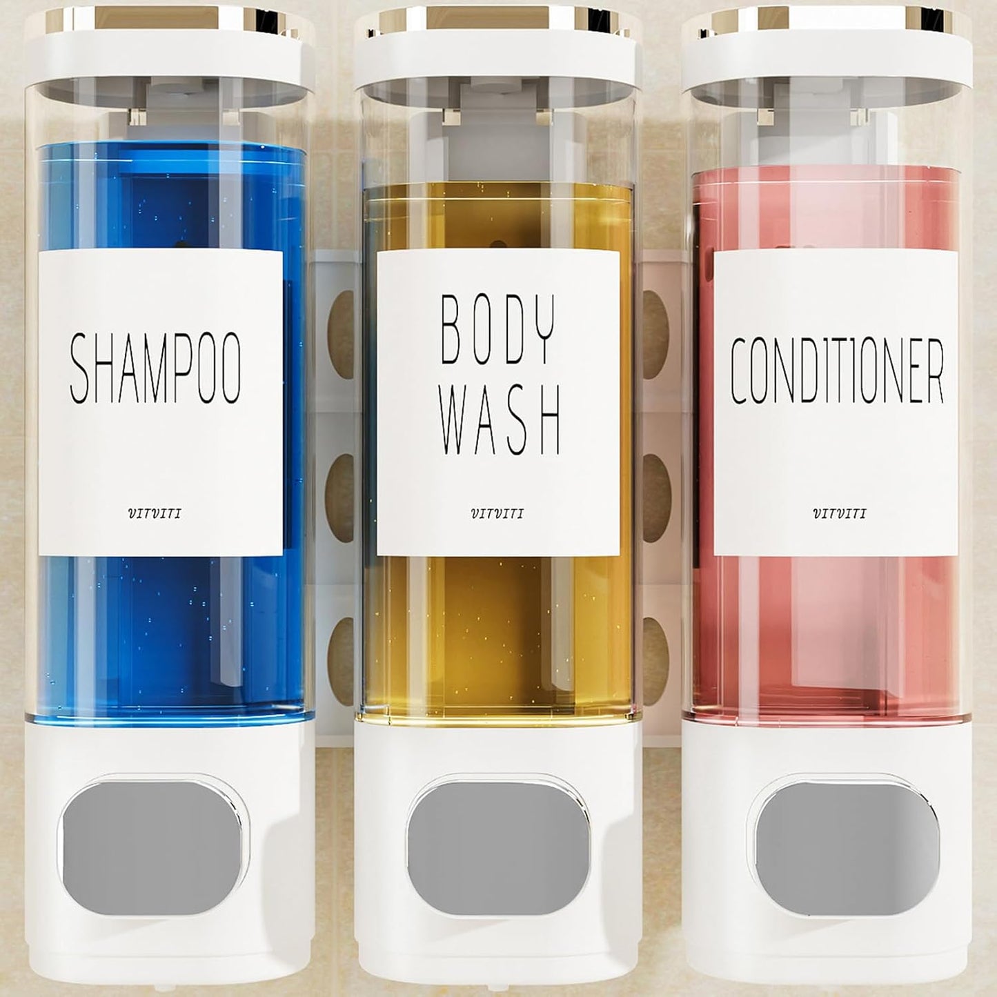 Shampoo and Conditioner Dispenser for Shower Wall Mount 3 Chamber, Black | Shower Soap Dispenser for Wall, 10.2 OZ Plastic Refillable Body Wash Bottles for Bathroom, No Drill Wall Mounted