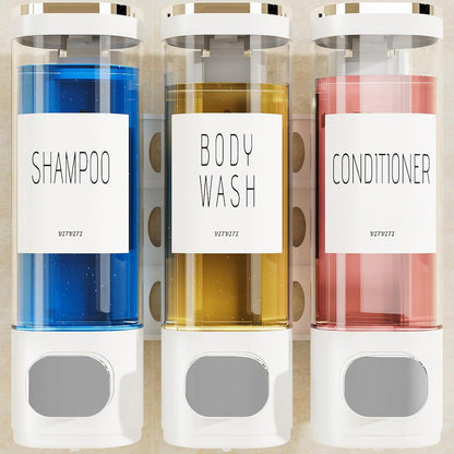 Shampoo and Conditioner Dispenser for Shower Wall Mount 3 Chamber, Black | Shower Soap Dispenser for Wall, 10.2 OZ Plastic Refillable Body Wash Bottles for Bathroom, No Drill Wall Mounted
