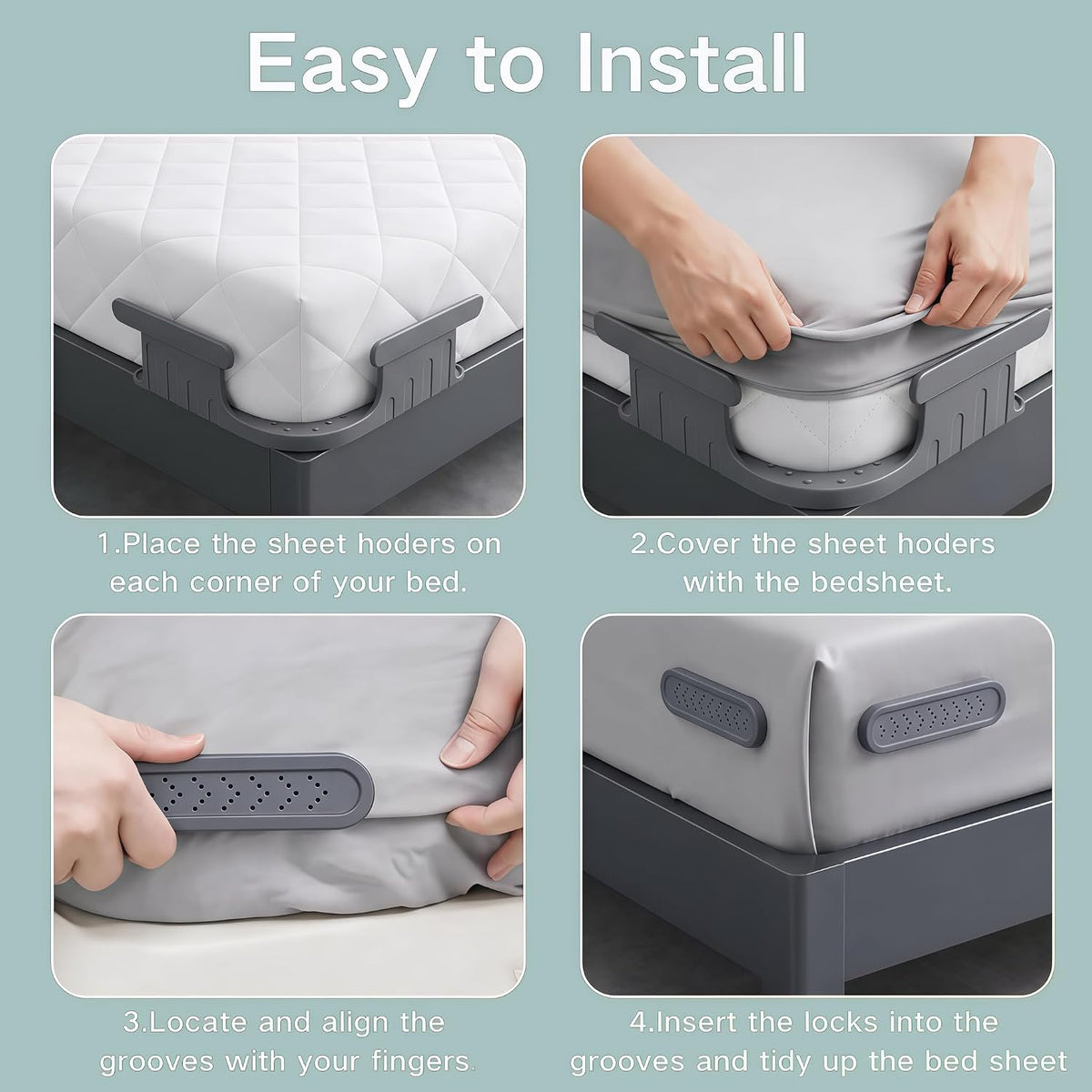 Reinforced Bed Sheet Holders for Corners, 4 Pcs Grey Fitted Sheet Clips