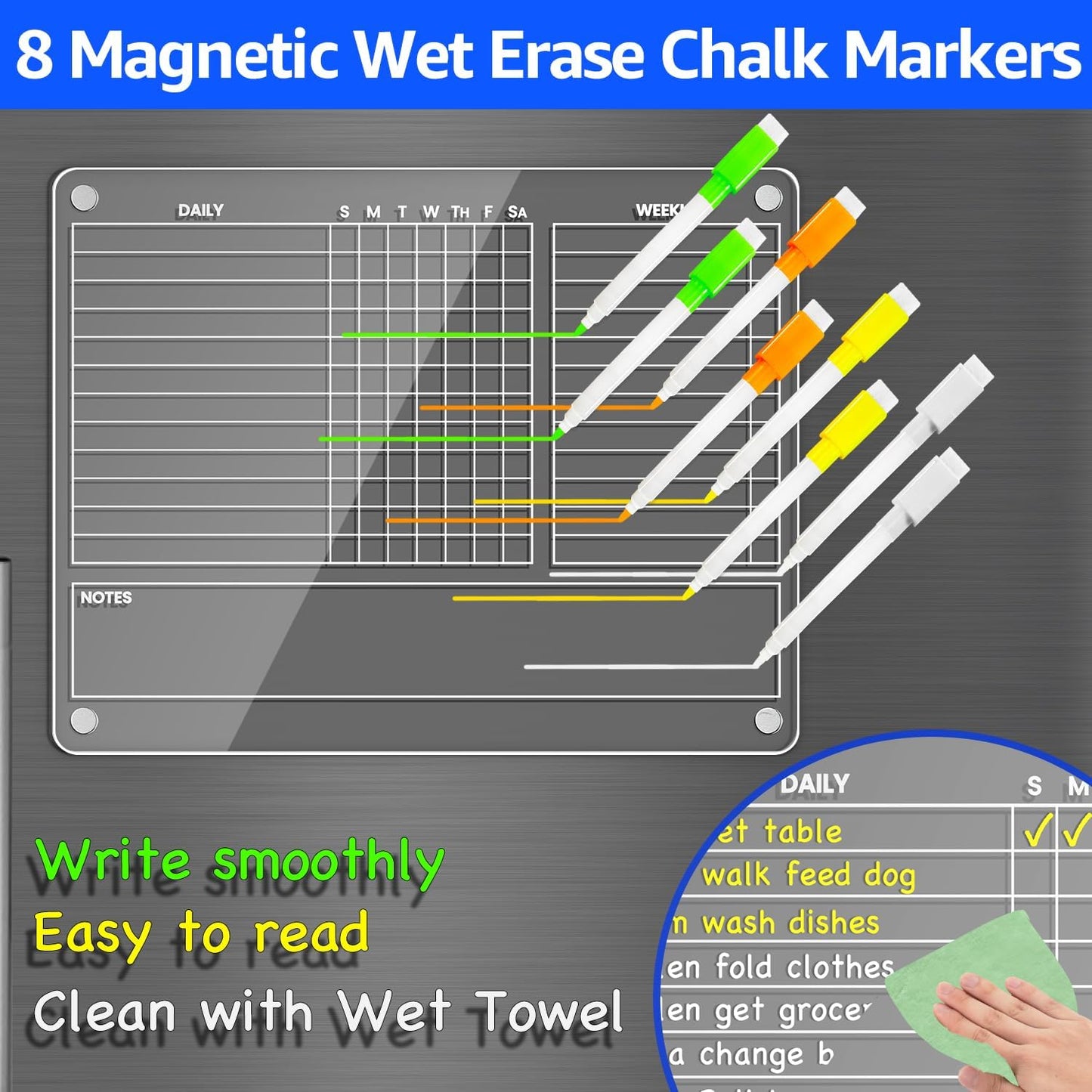 PigPotParty Acrylic Magnetic Chore Chart for Kids, 12x9.5 Inch, 2 Pack | Sleek Clear Acrylic Design, Reward System Builds Habits, Built-In Magnets Require No Installation, 8 Wet-Erase Markers