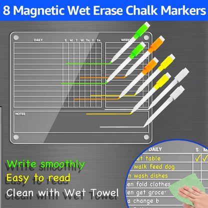 PigPotParty Acrylic Magnetic Chore Chart for Kids, 12x9.5 Inch, 2 Pack | Sleek Clear Acrylic Design, Reward System Builds Habits, Built-In Magnets Require No Installation, 8 Wet-Erase Markers
