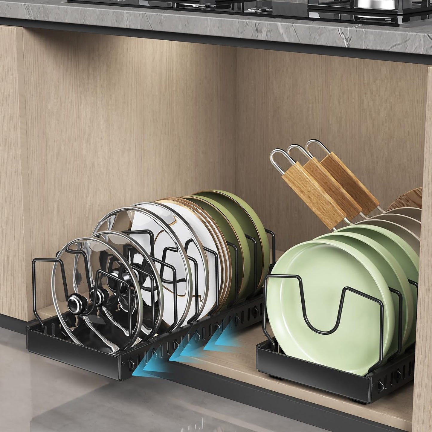 Black 2 Pack Pot Lid Organizer, Pull Out Cabinet Rack, 16 Dividers | 2-pack black carbon steel rack, 16 adjustable dividers, quiet slide rails, adhesive or screw mount for lids, pans, bakeware