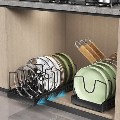 Black 2 Pack Pot Lid Organizer, Pull Out Cabinet Rack, 16 Dividers | 2-pack black carbon steel rack, 16 adjustable dividers, quiet slide rails, adhesive or screw mount for lids, pans, bakeware