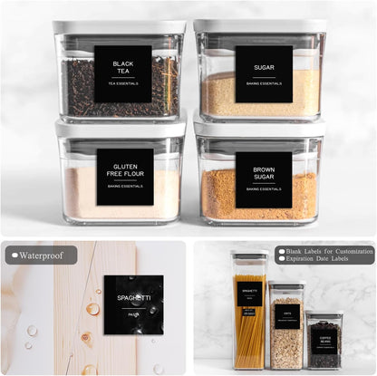 288 Pantry Labels for Food Containers, Black Preprinted Minimalist Waterproof Stickers for Organizing Storage Bins, Jars and Kitchen