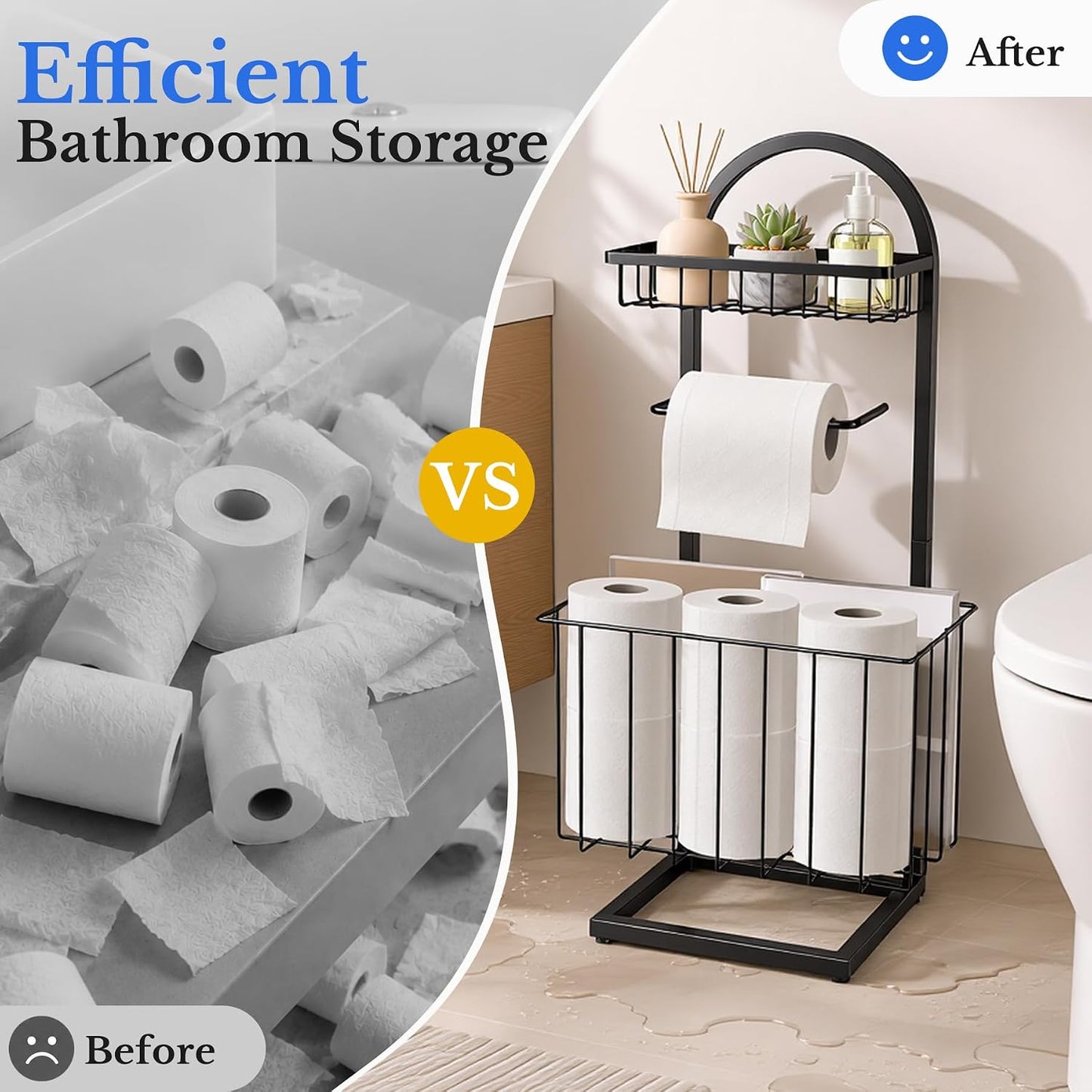 Toilet Paper Holder Stand Freestanding with Storage Basket for Bathroom | Freestanding Toilet Paper Stand for Bathroom,Heavy Duty Tissue Roll Holder Rack with Top Shelf for Organizer,black
