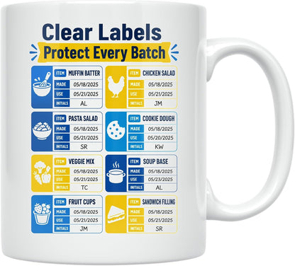 Meal Prep Date Labels Mug - Clear Labels Protect Every Batch - 11 oz Cerami