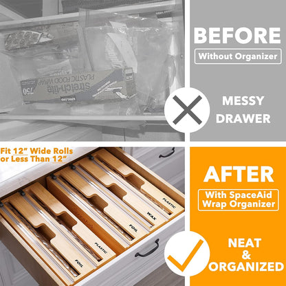 SpaceAid WrapNeat 2 in 1 Wrap Organizer with Cutter and Labels, Plastic Wrap, Aluminum Foil and Wax Bamboo Dispenser for Kitchen Storage Organization Holder for 12" Roll (Natural, 2-Slot)