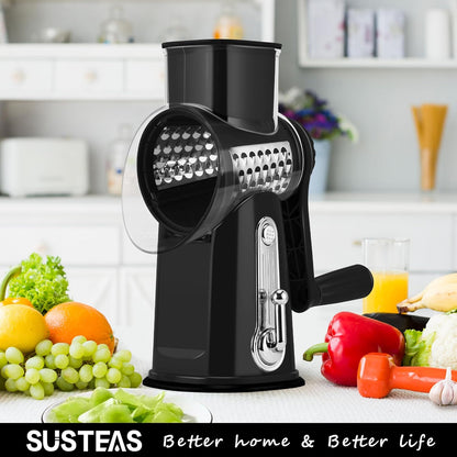 SUSTEAS Rotary Cheese Grater 5 Blades,Kitchen Mandoline Vegetable Slicer | White, Easy to Clean, Strong Suction Base, 5 Blades Storage Box, Round Mandoline Slicer & Food Chopper for Salad