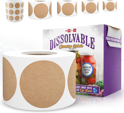 Dissolvable Canning Labels 0.5in Round, Removable Kraft Mason Jar Stickers | Water soluble, no residue, write on with pen, 200 per pack, jam, preserves, pantry, freezer, spice bottles, food storage