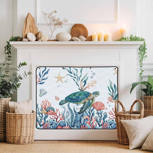 Magnetic Fireplace Cover Turtle Coral Starfish Fireplace Screen Decorative Shell Ocean Marine Life Insulation Fireplace Blocker Save Energy Fireplace Draft Stopper Covers for Living Room 39x32 Inch
