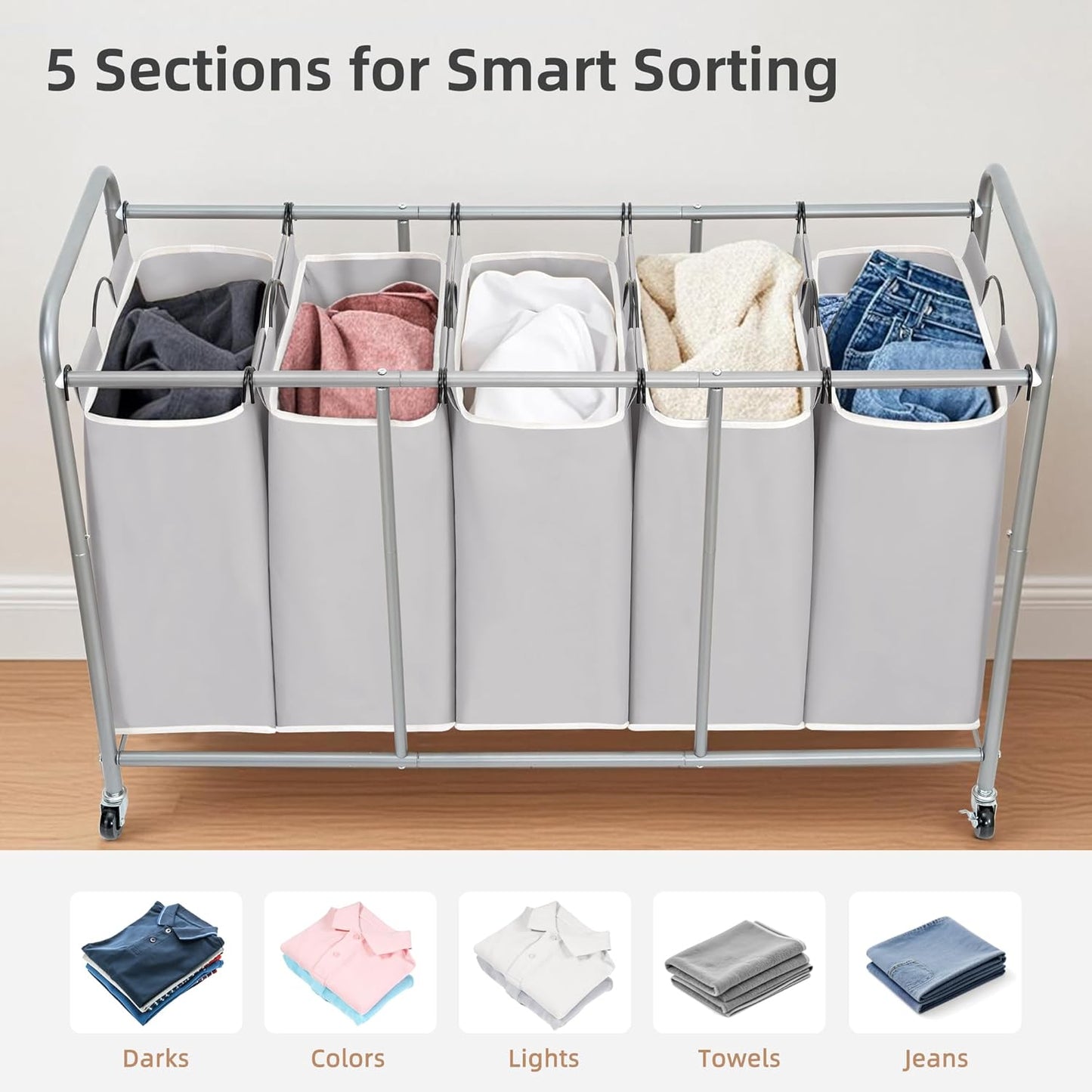 STORAGE MANIAC 3 Section Laundry Sorter, 35.6 Gal (135 L) Laundry Hamper Cart with Heavy Duty Rolling Lockable Wheels and Removable Bags, Clothes Organizer Basket Separator Hamper, Gray