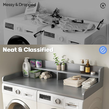 2-Tier Washer and Dryer Countertop with 2.75" H Guard,54" W x 27.5" D Laundry Countertop Cover with Non-Slip Pad,Large Space Laundry Topper for Folding Clothes Over Washer and Dryer-White