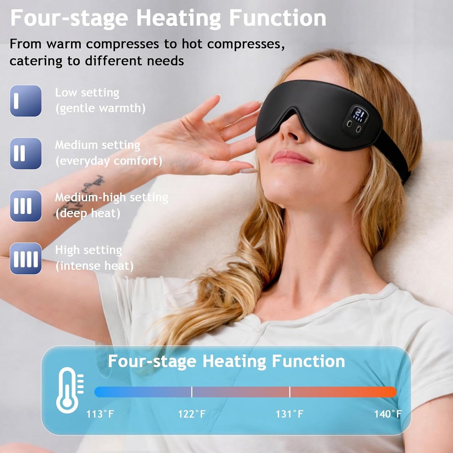 Rechargeable Heated Eye Mask | Warm Compress Sleep Mask for Dry-Feeling Eyes, 4 Heat Levels, 15–60 Min Timer, USB-C, Light Blocking, Washable Cover