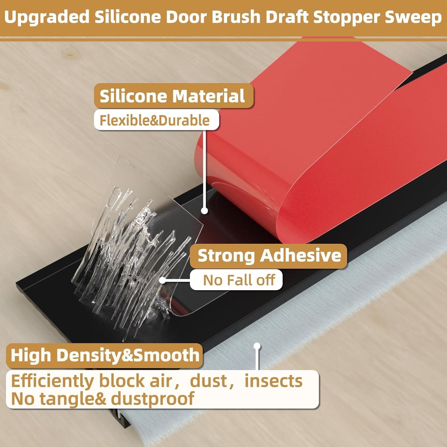 cuysfead 39" Door Draft Stopper for Bottom of Door with Brush,Strong Adhesive Under Door Sweep for Exterior & Interior,Soundproof Door Gap Filler Bottom Seal Dust Blocker and Noise Stopper,White