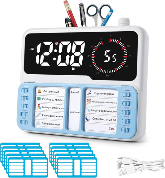 7-in-1 Visual Timer with Task Planner - Blue | ADHD Time Management Tool With Alarm, Countdown, Calendar, Temperature Display and Storage, Ideal for Home and School